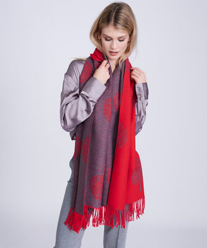Red Reversible Cashmere Feel Scarf with Knotted Fringes