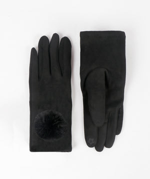 Black Faux Suede Glove with Pom Pom