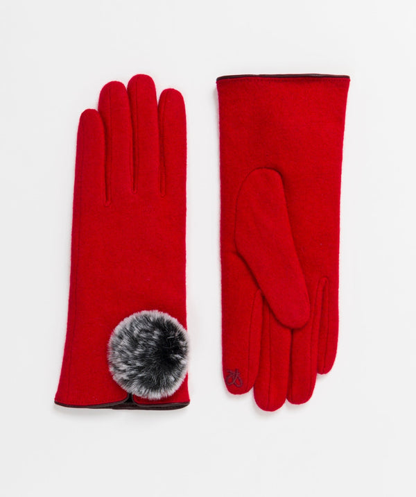 Red Touchscreen Gloves with Faux Fur Pom Poms