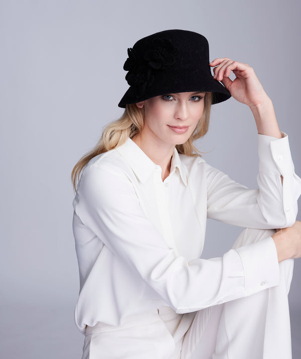 Black Bucket Hat with Flower Embellishments