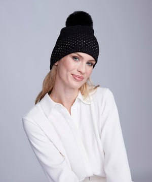 Black Beanie Hat with Faux Fur Pom Pom and Embellishment