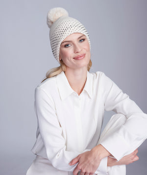 Cream Beanie Hat with Embellished Faux Fur Pom Pom