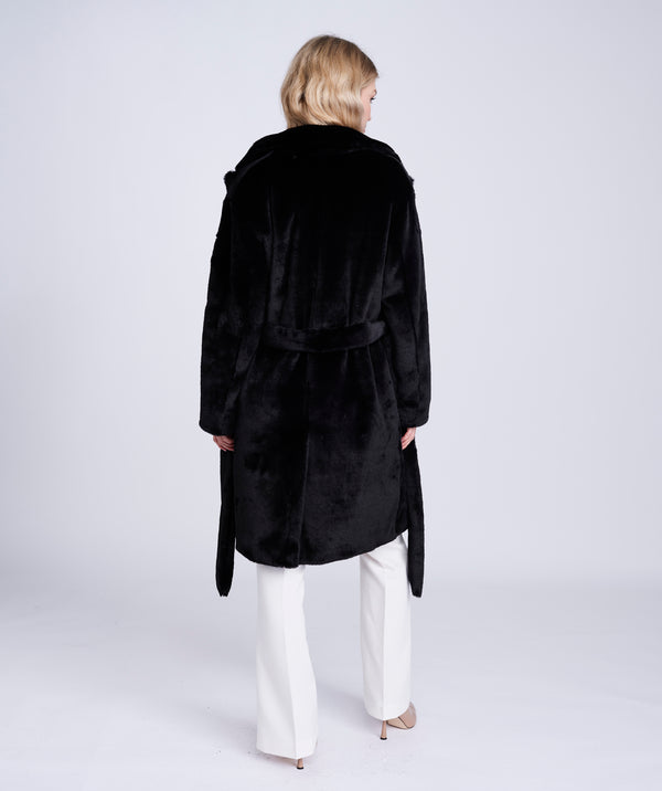 Black Faux Fur Coat with Button Closure and Waist Belt
