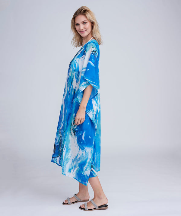 Side View: Blue Ocean Print Maxi Cover Up with Dazzling Embellishment