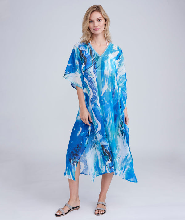 Blue Ocean Print Maxi Cover Up with Dazzling Embellishment