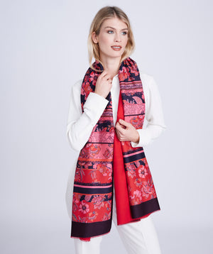 Red Reversible Floral Print Scarf with Retro Flair