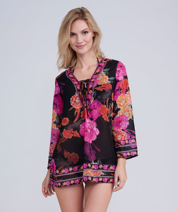 Black Floral Print Cover up with Embellishments