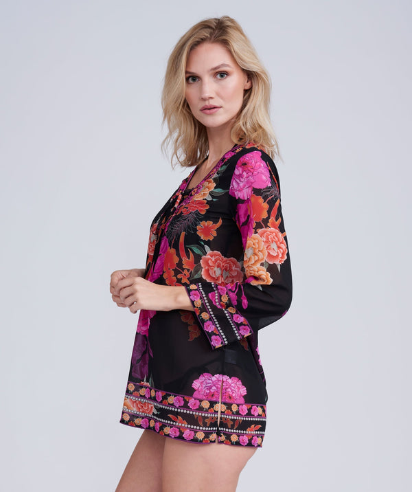 Side View: Black Floral Print Cover up with Embellishments