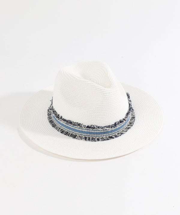 White/Blue Trilby Hat with Striped Ribbon and Bead Embellishment