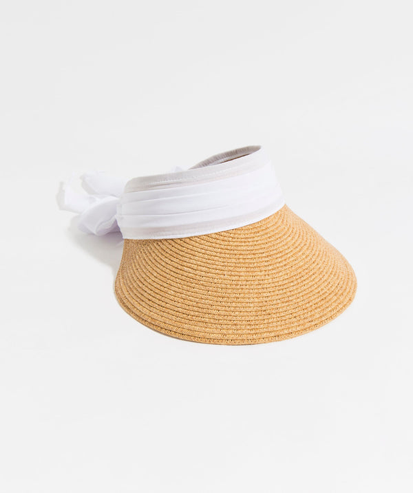 Natural/White Chiffon Belt Pull On Visor with Straw Design