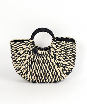 Black and White Woven Straw Bag with Rattan Top Handle