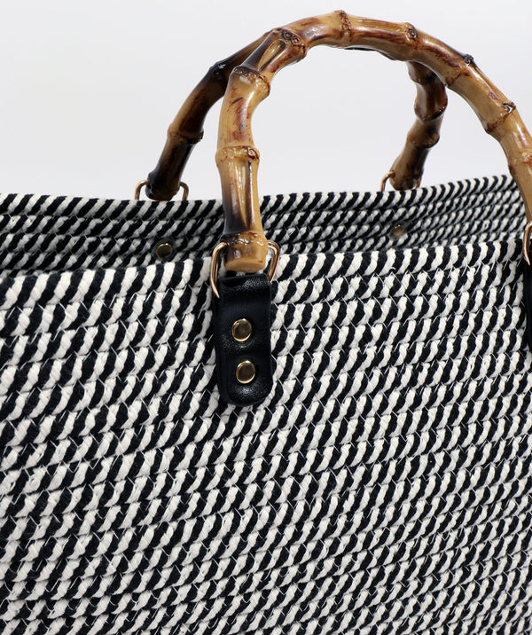 Close Up View: Black and White Soft Striped Tote Bag with Top Handles