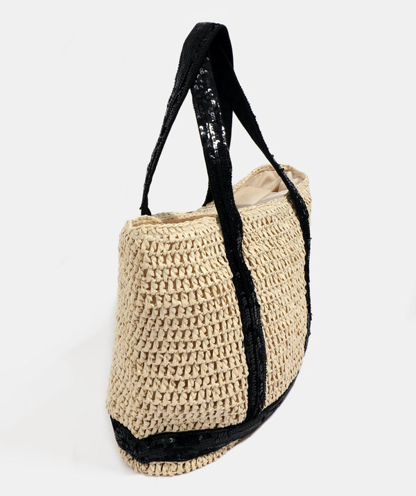 Black Sequin Embellished Straw Bag with Zipped Closure