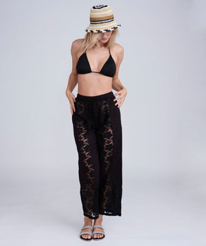 Black Beach Trousers with Lace Panel Front and Tassel Tie