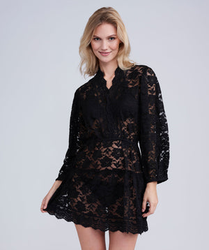 Black Lace Kaftan with Wide Sleeves and Cinched Waist