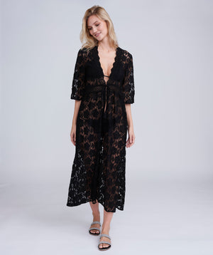 Black Floral Lace Kimono with Sheer Sleeves and Waist Tie