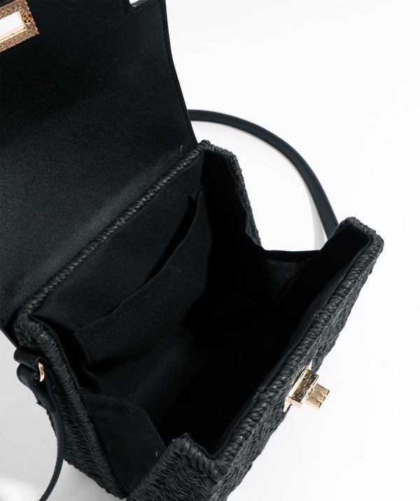 Interior View: Black Straw Handbag with Tonal PU Details