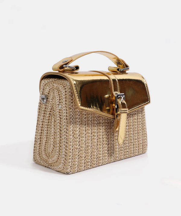 Side View: Gold Metallic Detail Handbag with Long Strap