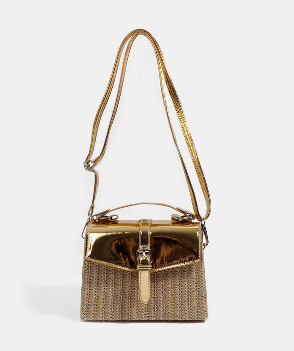 Side View: Gold Metallic Detail Handbag with Long Strap