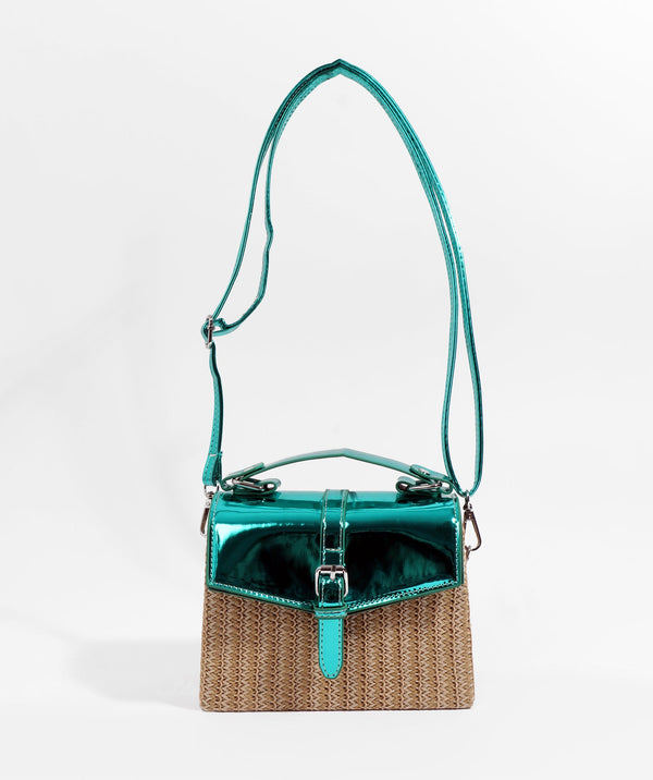 Side View: Turquoise Straw Handbag with Metallic PU Details