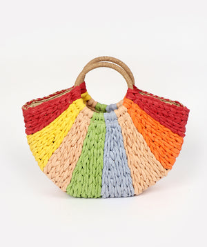 Multicoloured Woven Straw Bag with Rattan Top Handle