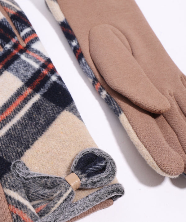 Beige Tartan Faux Suede Glove with Button Detail