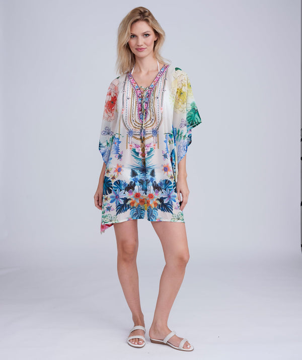 Pink Floral Tropical Print Midi Length Cover Up with Beaded Embellishment