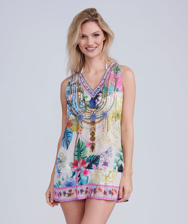 Pink Tropical Floral Print Dress with Embellished Beading