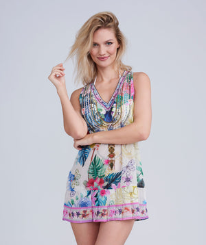  Pink Tropical Floral Print Dress with Embellished Beading