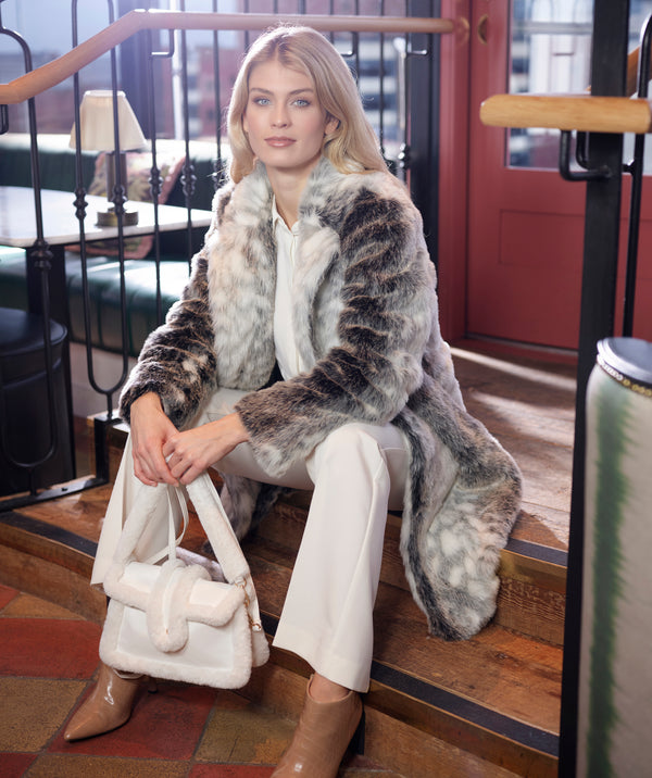 Snow Leopard Faux Fur Midi Length Paris Coat