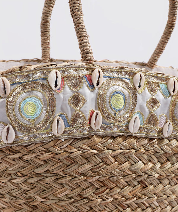 Close Up View: Sand Floral Sequin Embellished Straw Beach Basket