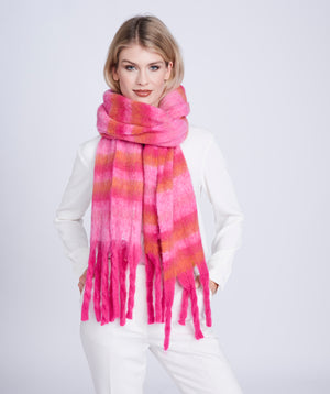 Pink Fringed Stripe Blanket Scarf - Luxurious and Vibrant