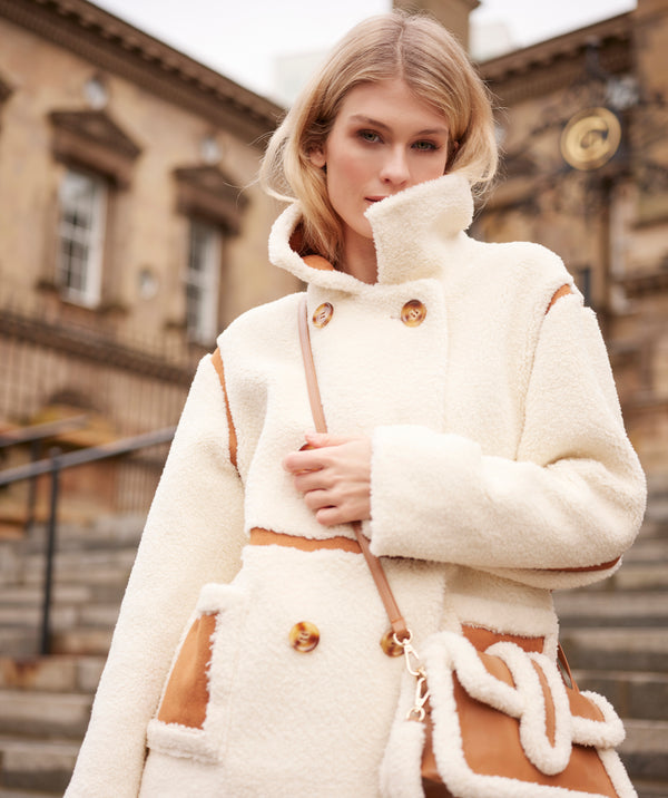 Cream/Tan Borg Coat with Faux Suede Details and Button Closure