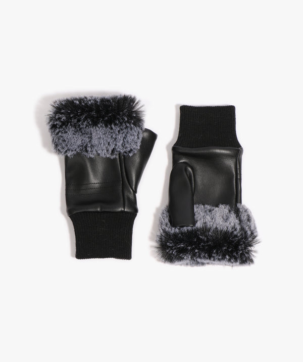 Black Faux Leather Fingerless Gloves with Faux Fur Cuff
