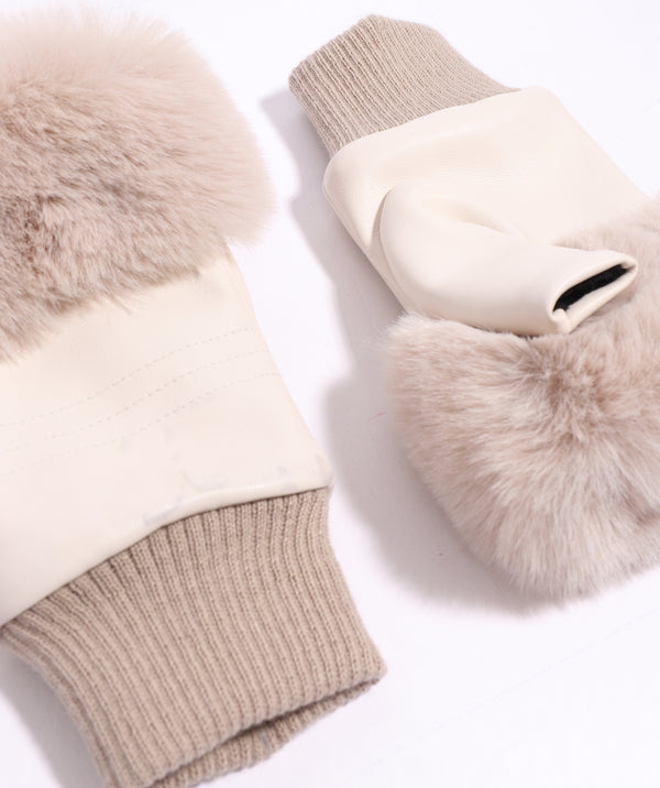 Cream Faux Leather Fingerless Gloves with Faux Fur Cuff