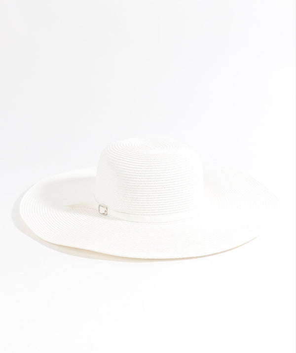 White Wide Brim Floppy Hat with Faux Leather Belt