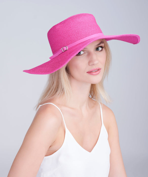 Fuchsia Wide Brim Floppy Hat with Faux Leather Belt