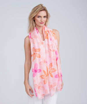 Pink Floral Print Scarf with Metallic Detail and Frayed Hems