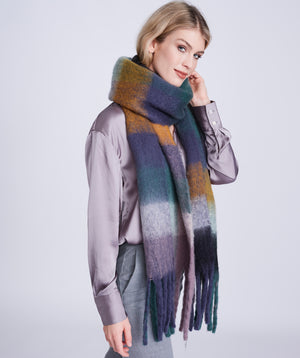 Navy Oversized Brushed Blanket Scarf with Tonal Stripes