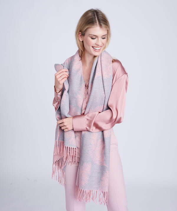 Grey/Pink Reversible Cashmere Feel Scarf with Leaf Print