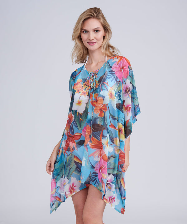 Blue Floral Printed Beach Kaftan with Short Sleeves