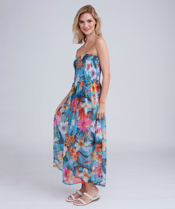 Side View: Blue Floral Print Maxi Dress with Bandeau Elasticated Top