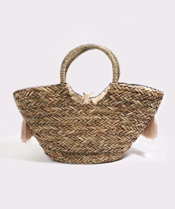 Rear View: Natural Straw Beach Basket with Sequin Detailing