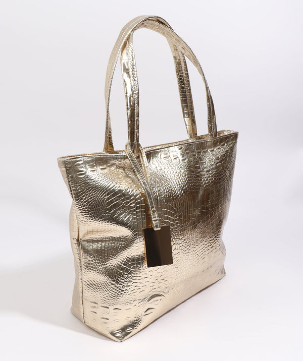 Side View: Gold Metallic Tote Bag with Zipped Closure