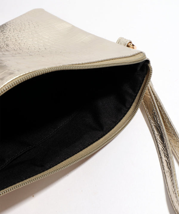 Interior View: Gold Metallic Clutch with Zipped Closure and Interior Pockets