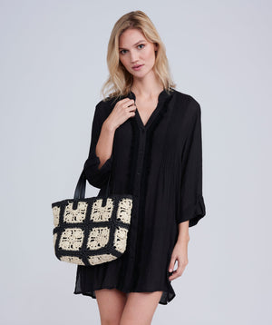 Black Fringed Beach Shirt with Button Closure and Rolled Cuff Sleeves