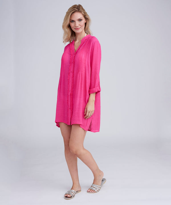 Hot Pink Fringed Beach Shirt with Button Closure and Rolled Cuff Sleeves