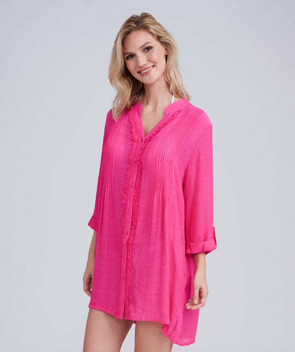 Hot Pink Fringed Beach Shirt with Button Closure and Rolled Cuff Sleeves