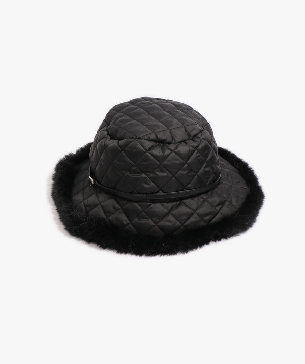 Black Quilted Rain Hat with Fleece Lining and Faux Fur Trim