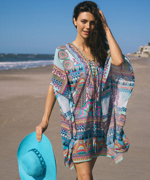 Pale Turquoise Aztec Print Kaftan with Embellished Neckline